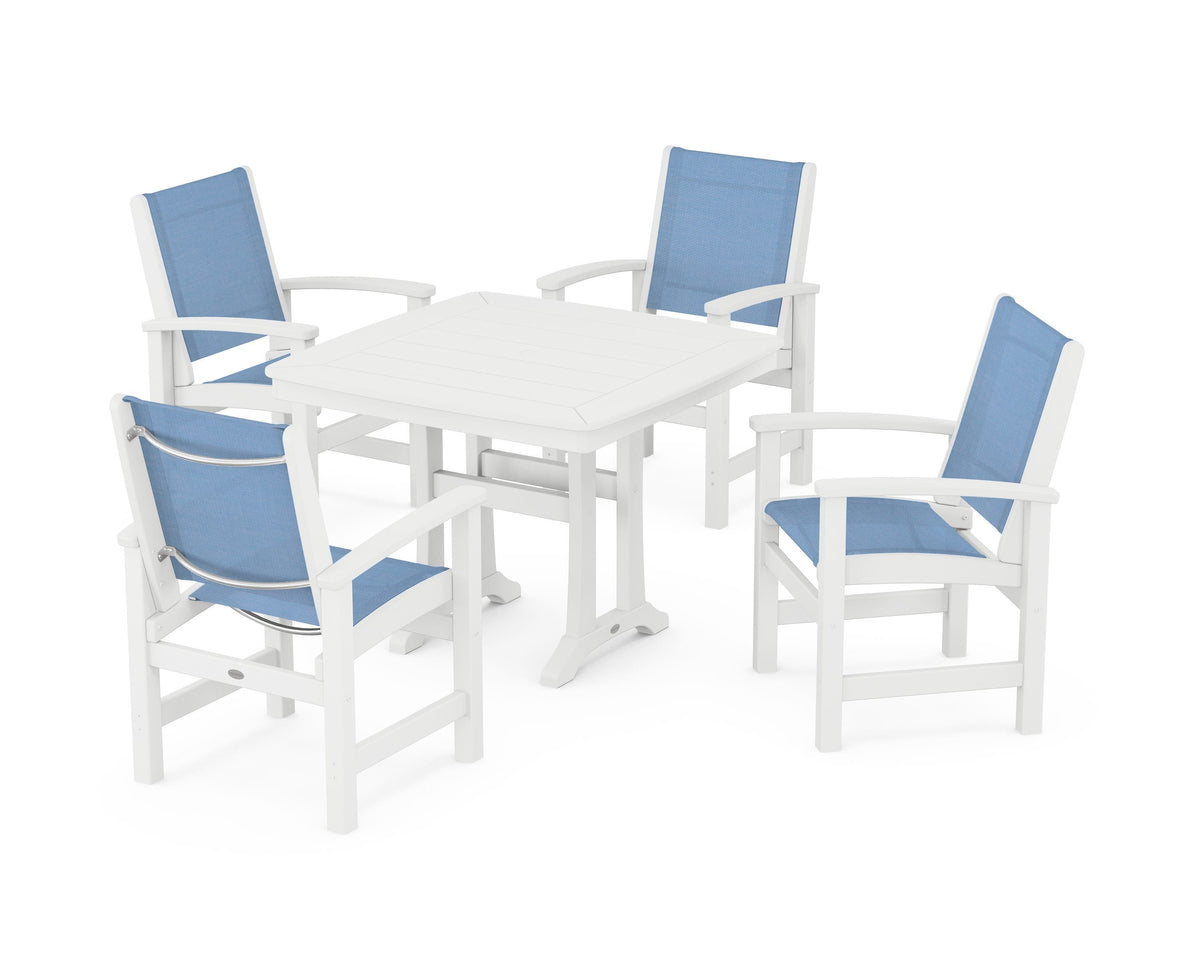 POLYWOOD Coastal 5-Piece Dining Set with Trestle Legs with Nautical Trestle 37" Dining Table in White / Poolside