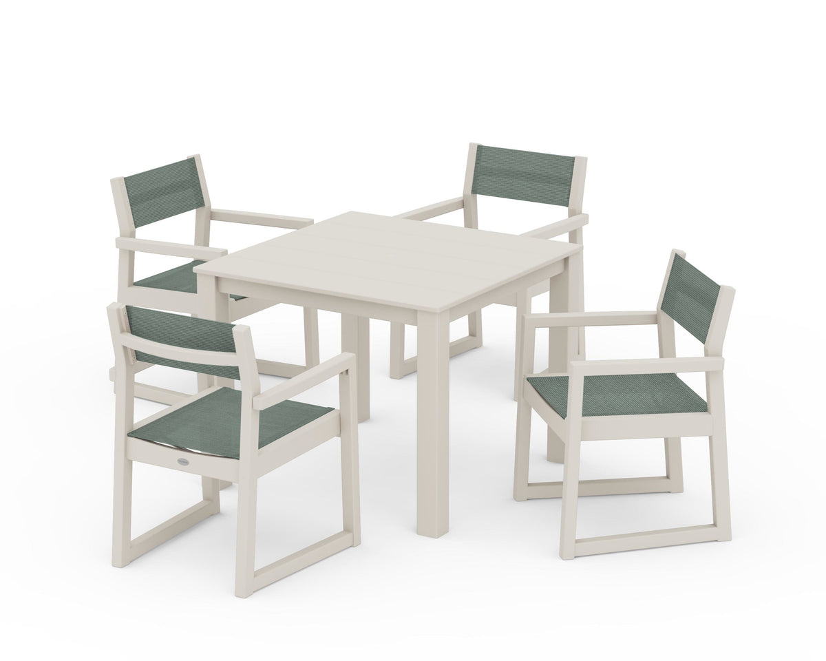 POLYWOOD EDGE Sling Arm Chair 5-Piece Parsons Dining Set in Sand / Dupioni Sea Mist