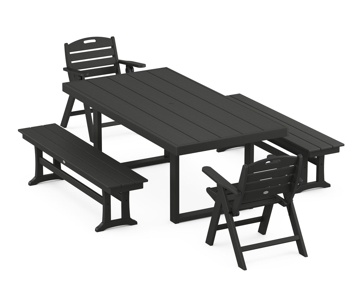 POLYWOOD Nautical Lowback 5-Piece Dining Set with Benches - 39" x 78" Table in Black