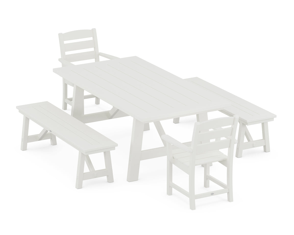 POLYWOOD Lakeside 5-Piece Rustic Farmhouse Dining Set with Benches in Vintage White