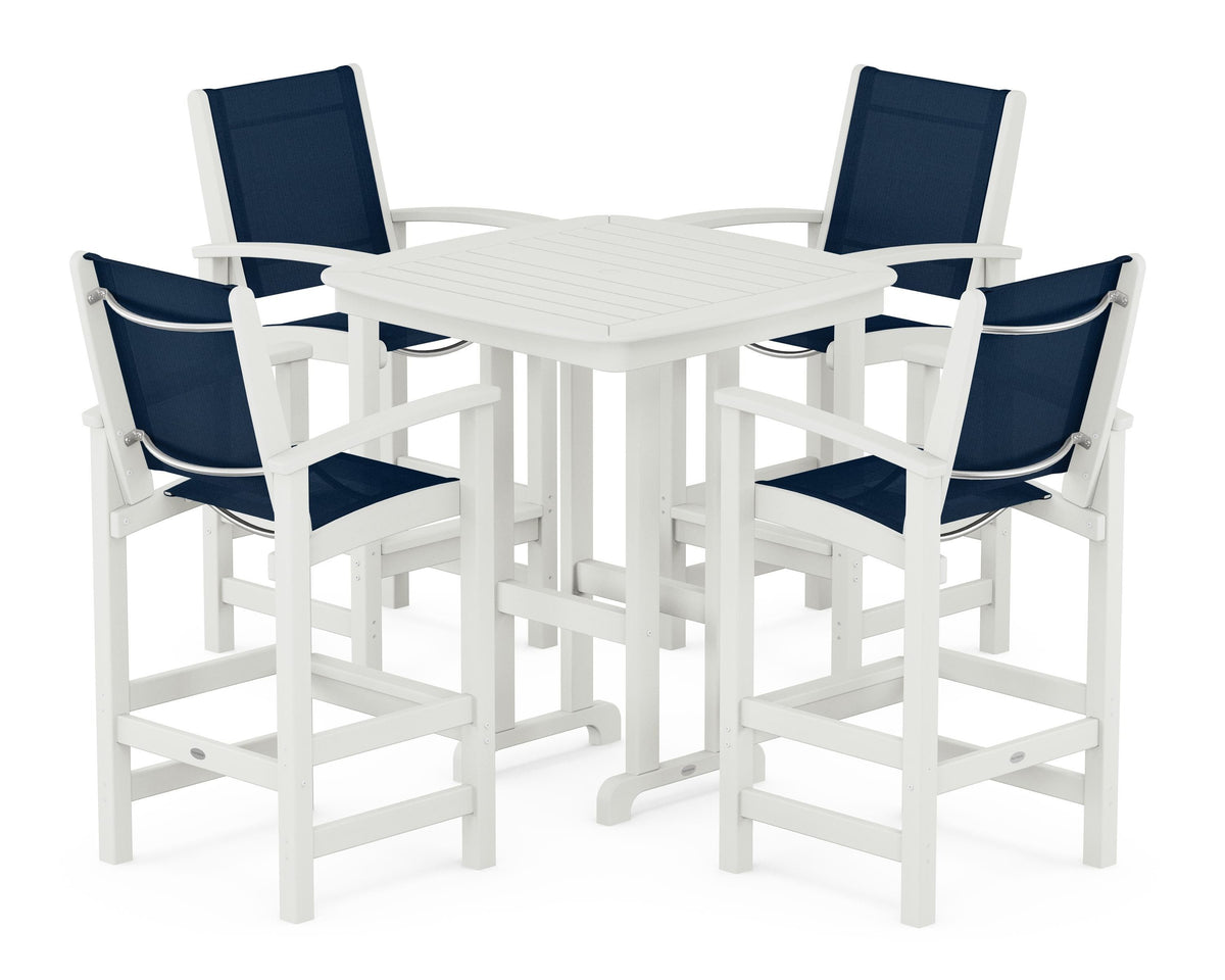 POLYWOOD Coastal 5-Piece Bar Set in Vintage White / Navy Blue