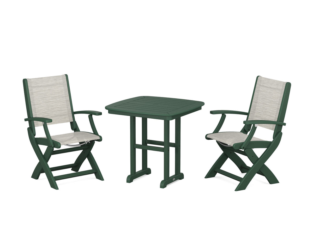POLYWOOD Coastal Folding Chair 3-Piece Dining Set in Green / Birch