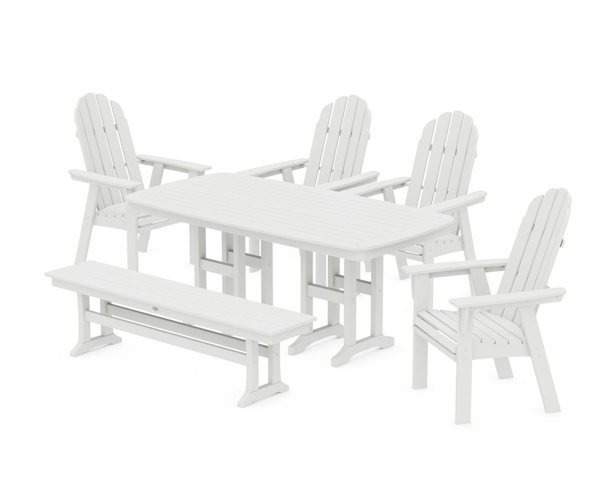 POLYWOOD Vineyard Curveback Adirondack Chair 6-Piece Dining Set with Bench in White