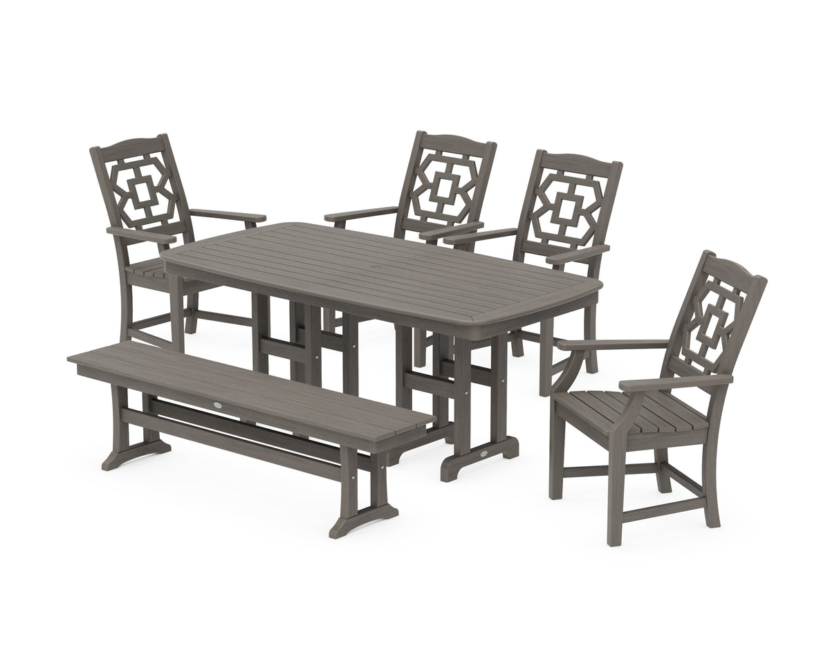 POLYWOOD Chinoiserie 6-Piece Dining Set with Bench in Driftwood
