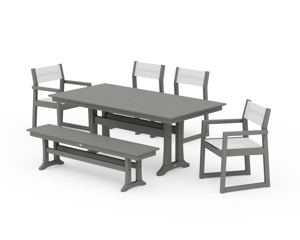 POLYWOOD EDGE Sling 6-Piece Farmhouse Dining Set With Trestle Legs in Slate Grey / White