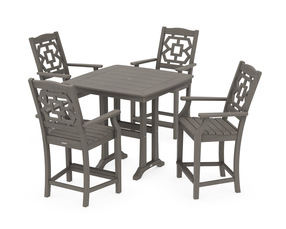 POLYWOOD Chinoiserie 5-Piece Counter Set with Trestle Legs in Driftwood
