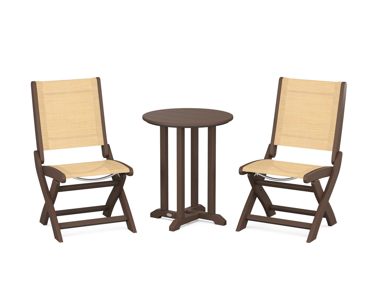 POLYWOOD Coastal Folding Side Chair 3-Piece Round Bistro Dining Set in Mahogany / Dupioni Apricot