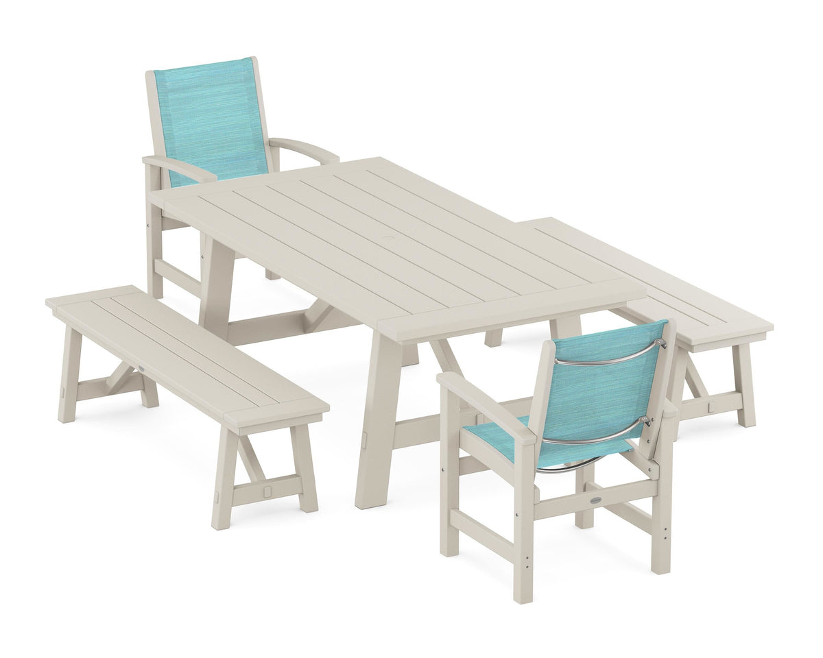 POLYWOOD Coastal 5-Piece Rustic Farmhouse Dining Set With Benches in Sand / Dupioni Aquamarine