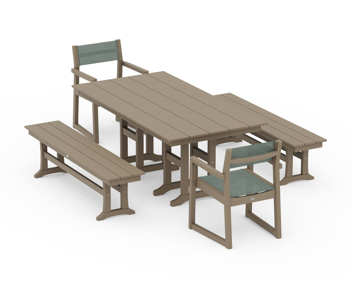 POLYWOOD EDGE Sling Arm Chair 5-Piece Farmhouse Dining Set with Benches in Vintage Sahara / Dupioni Sea Mist