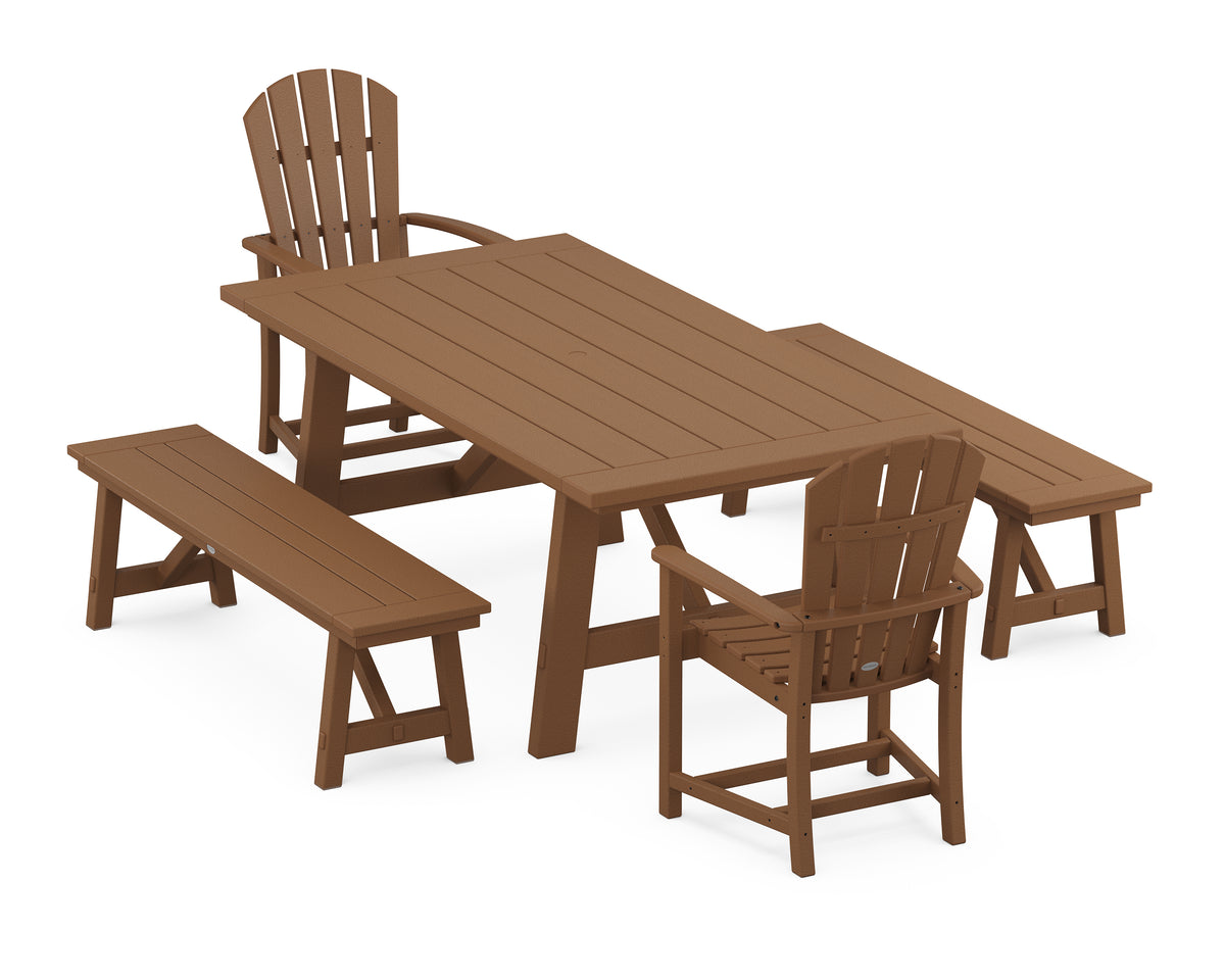 POLYWOOD Palm Coast 5-Piece Rustic Farmhouse Dining Set with Benches in Teak