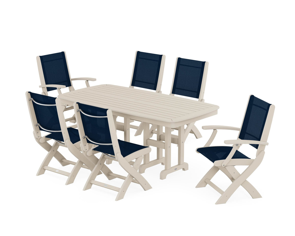 POLYWOOD Coastal Folding Chair 7-Piece Dining Set in Sand / Navy Blue