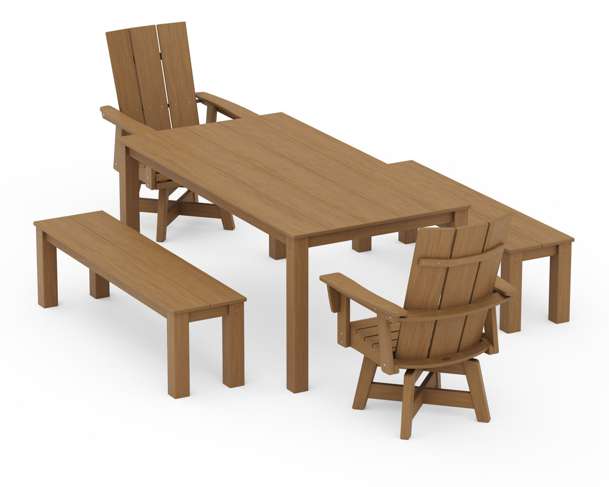 POLYWOOD Modern Curveback Adirondack 5-Piece Parsons Swivel Dining Set with Benches in Natural