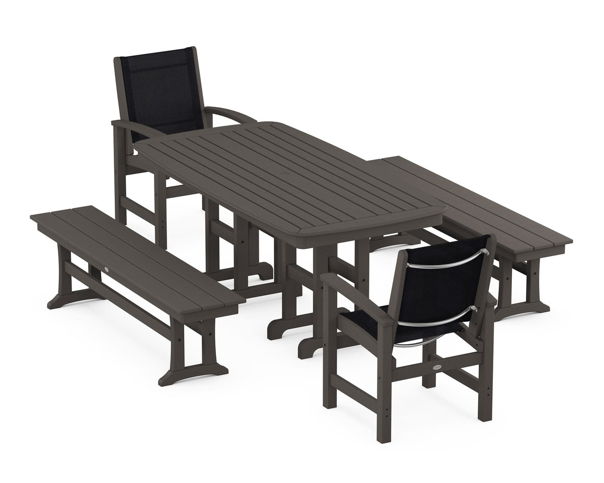 POLYWOOD Coastal 5-Piece Dining Set with Nautical 37" x 72" Dining Table in Vintage Coffee / Black