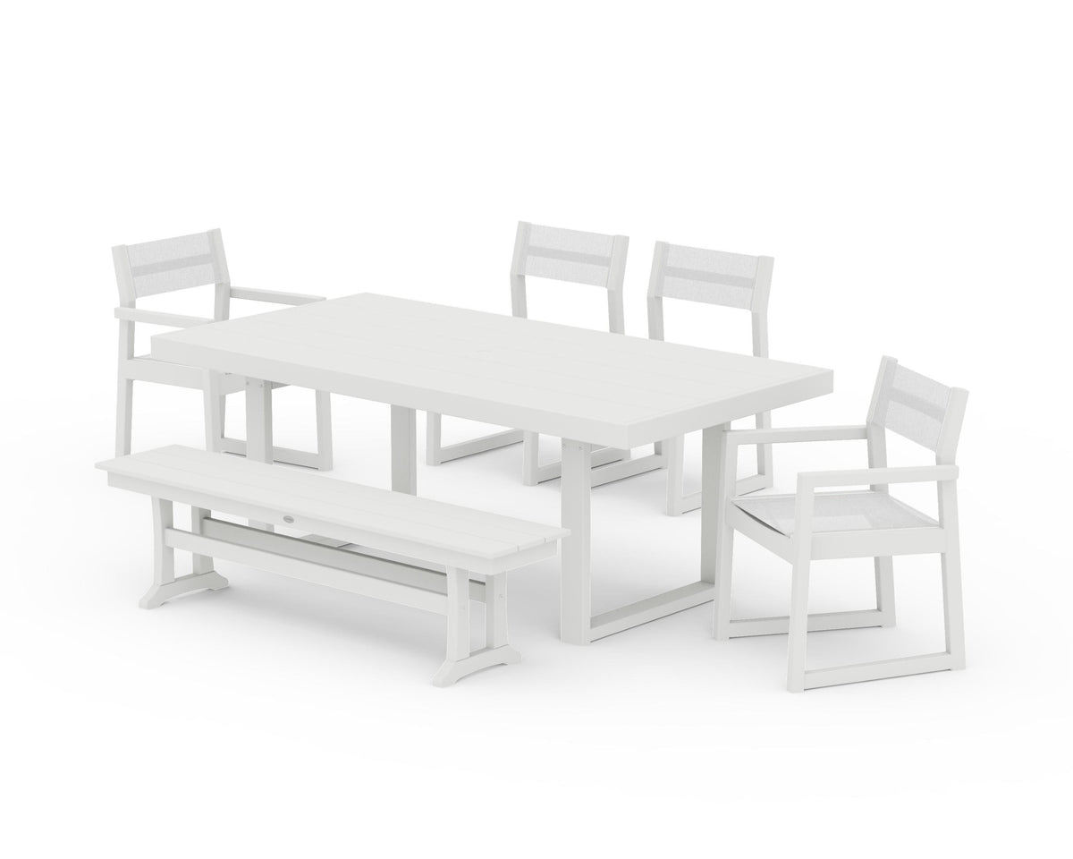 POLYWOOD EDGE Sling 6-Piece Dining Set with Bench in Vintage White / White