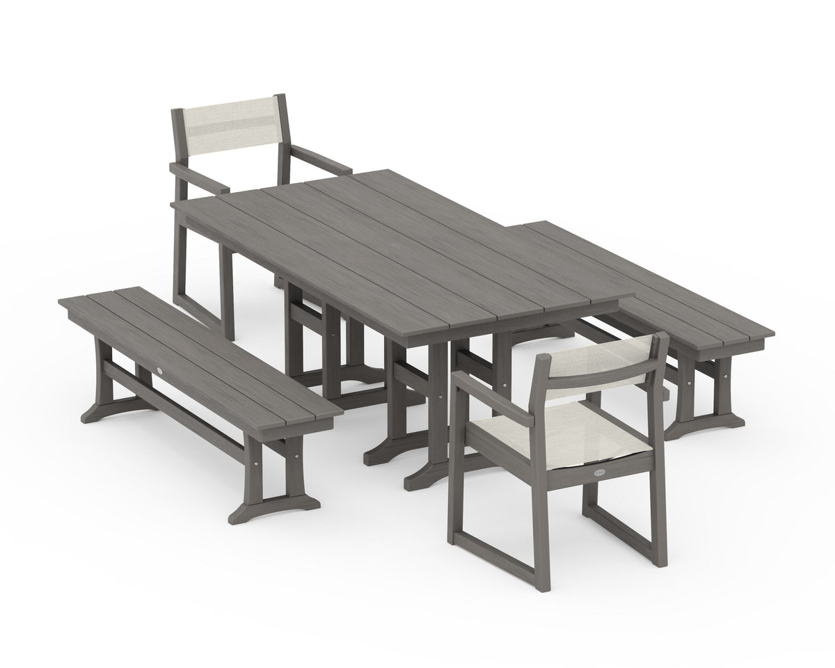 POLYWOOD EDGE Sling Arm Chair 5-Piece Farmhouse Dining Set with Benches in Driftwood / Parchment