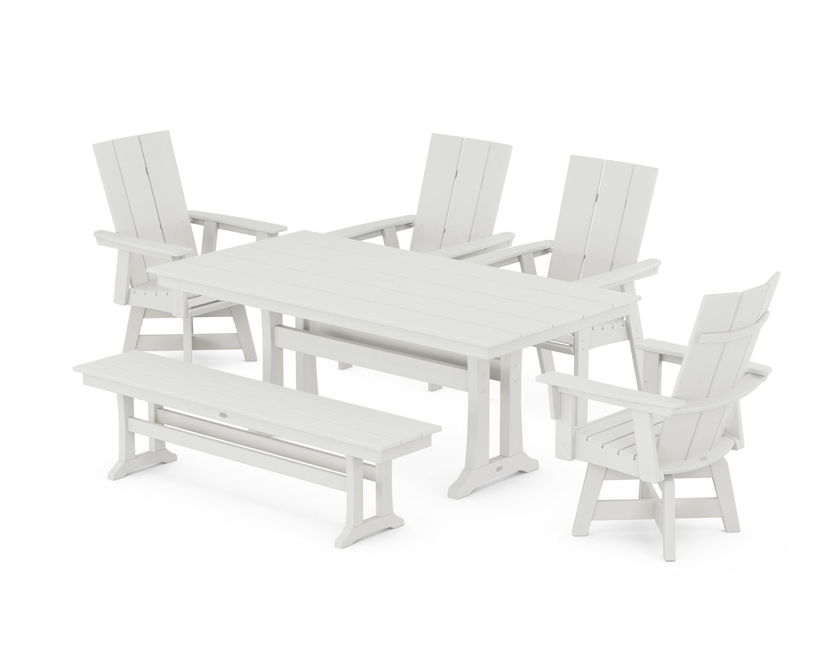 POLYWOOD Modern Curveback Adirondack Swivel Chair 6-Piece Farmhouse Dining Set with Trestle Legs and Bench in Vintage White