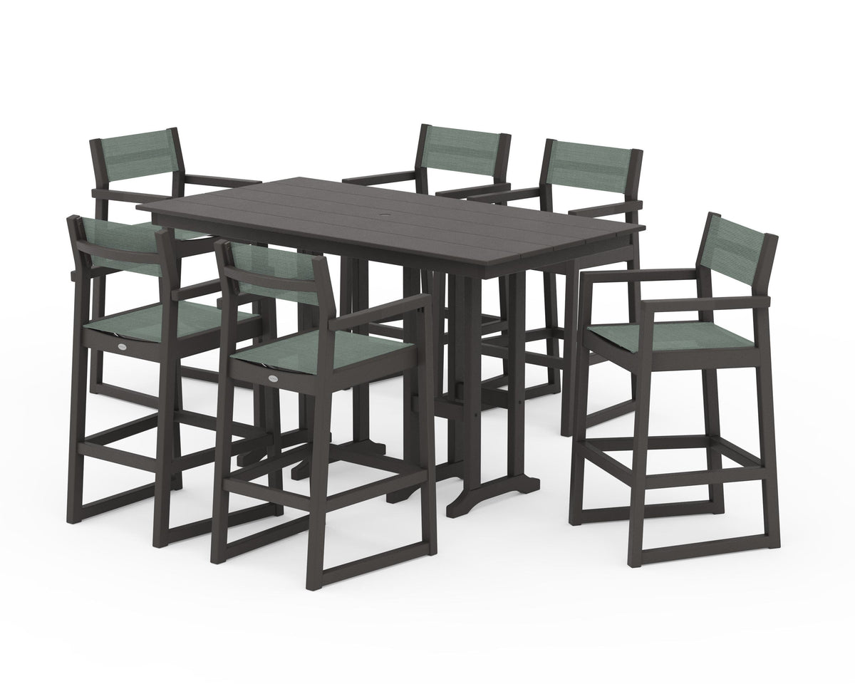 POLYWOOD EDGE Sling Arm Chair 7-Piece Farmhouse Bar Set in Vintage Coffee / Dupioni Sea Mist