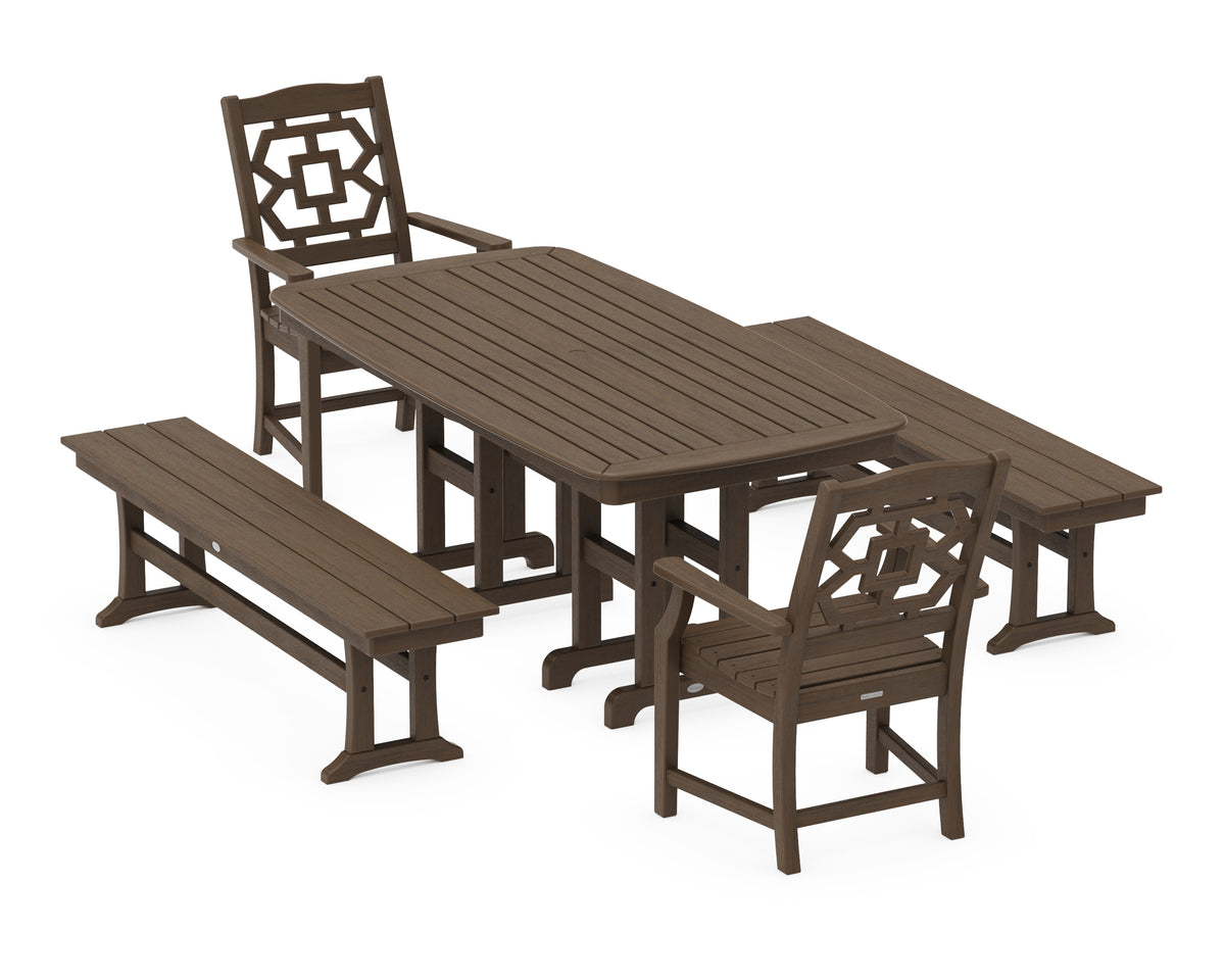 POLYWOOD Chinoiserie 5-Piece Dining Set with Benches in Kona