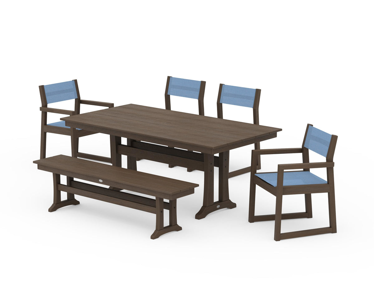 POLYWOOD EDGE Sling 6-Piece Farmhouse Dining Set With Trestle Legs in Kona / Poolside