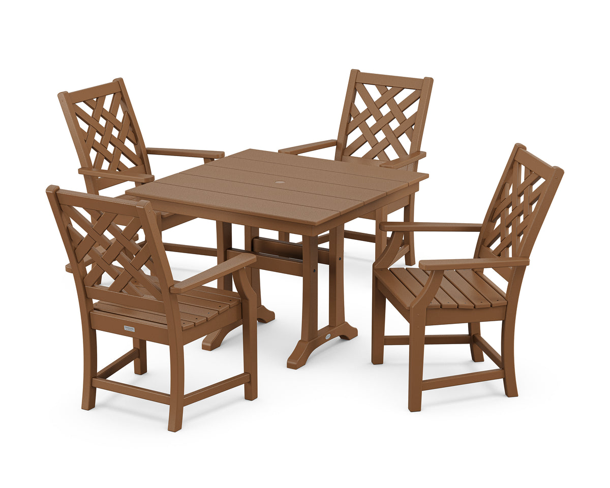 POLYWOOD Wovendale 5-Piece Farmhouse Dining Set with Trestle Legs in Teak