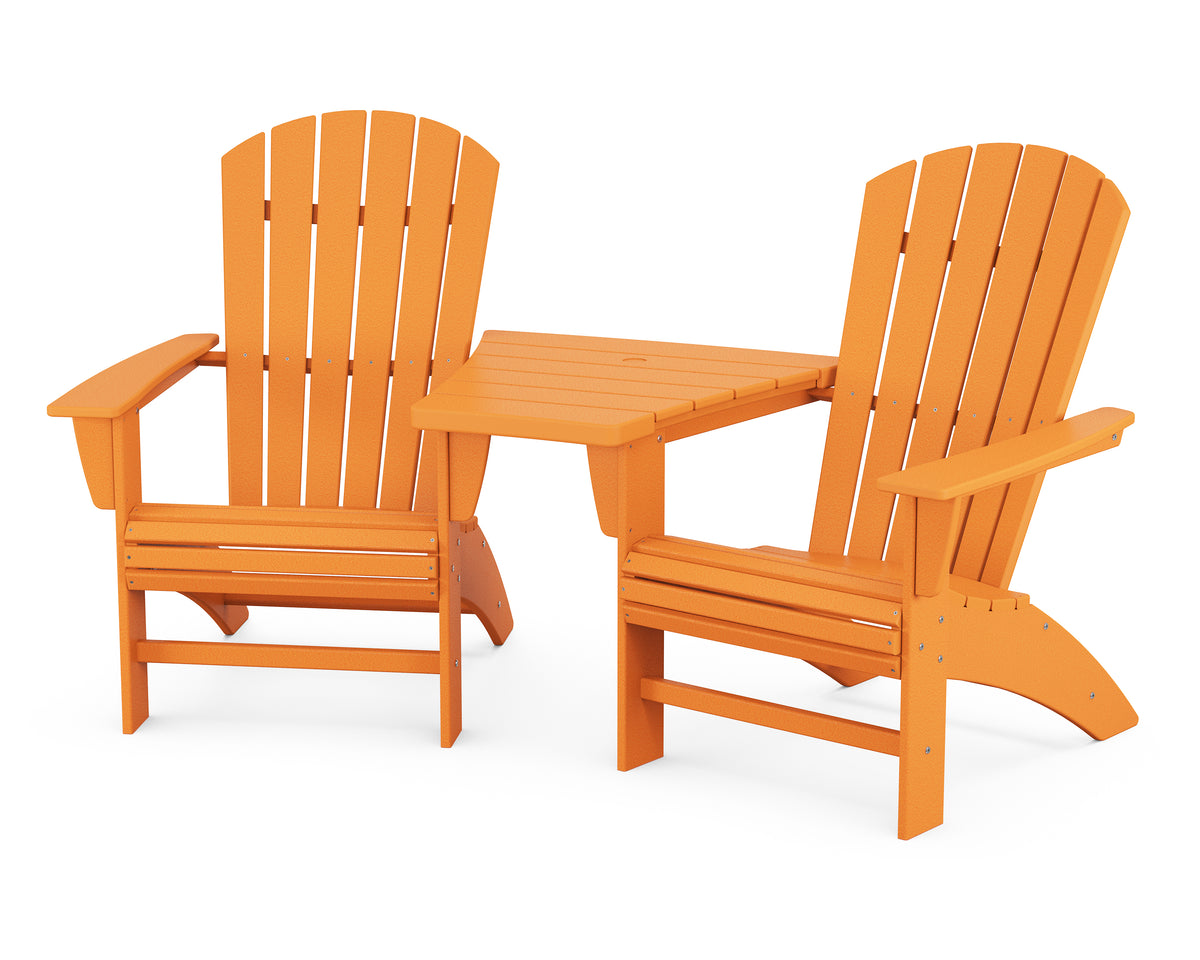 POLYWOOD Nautical 3-Piece Curveback Adirondack Set With Angled Connecting Table in Tangerine