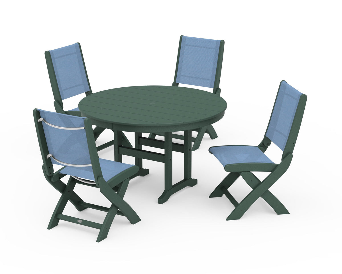 POLYWOOD Coastal Folding Side Chair 5-Piece Round Dining Set in Green / Poolside