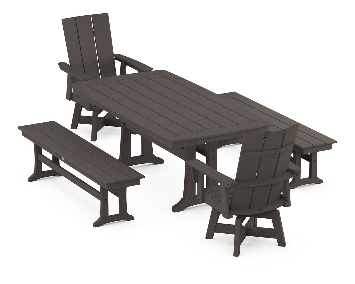 POLYWOOD Modern Curveback Adirondack Swivel Chair 5-Piece Dining Set with Trestle Legs and Benches in Vintage Coffee