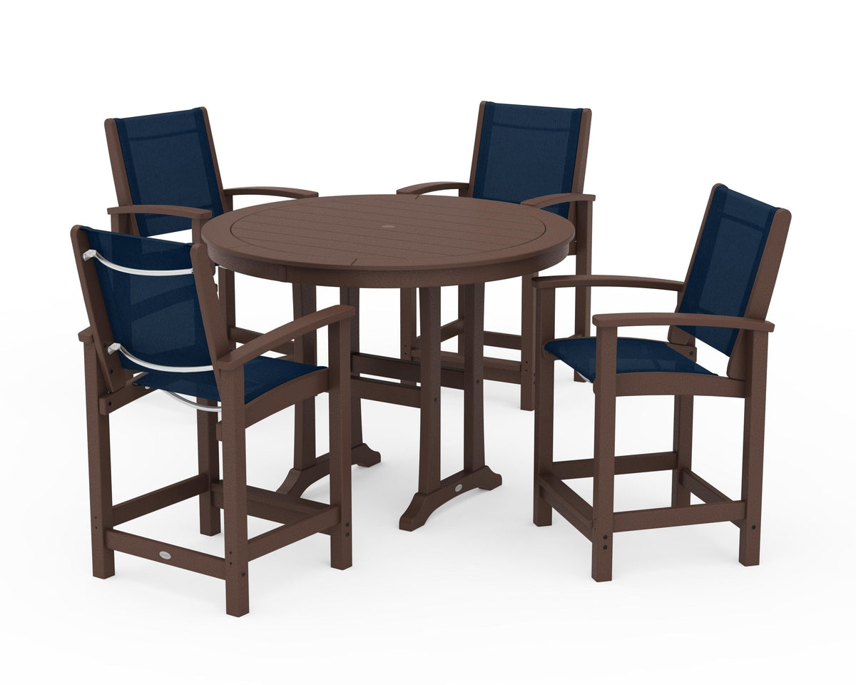 POLYWOOD Coastal 5-Piece Counter Set in Mahogany / Navy Blue