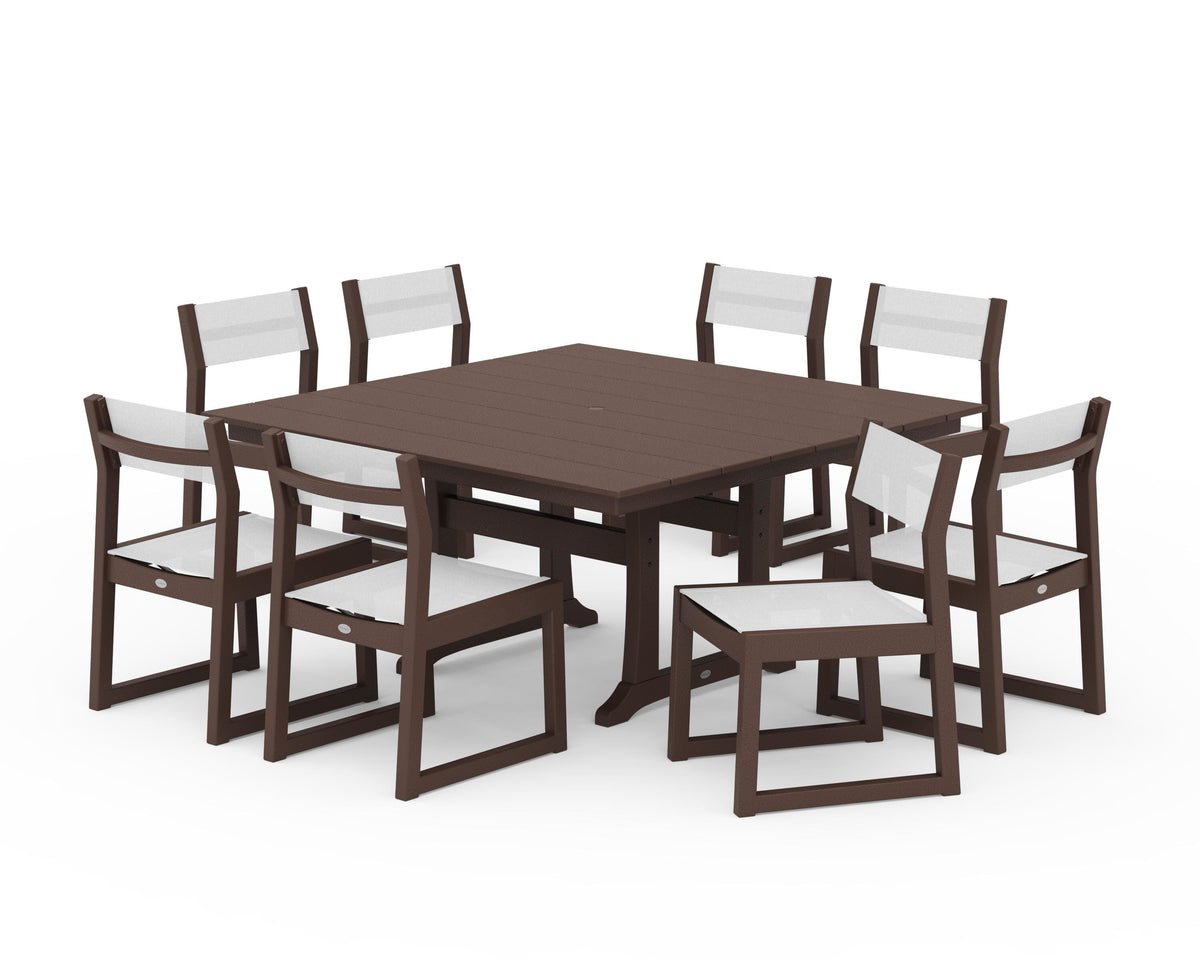 POLYWOOD EDGE Sling Side Chair 9-Piece Farmhouse Trestle Dining Set in Mahogany / White