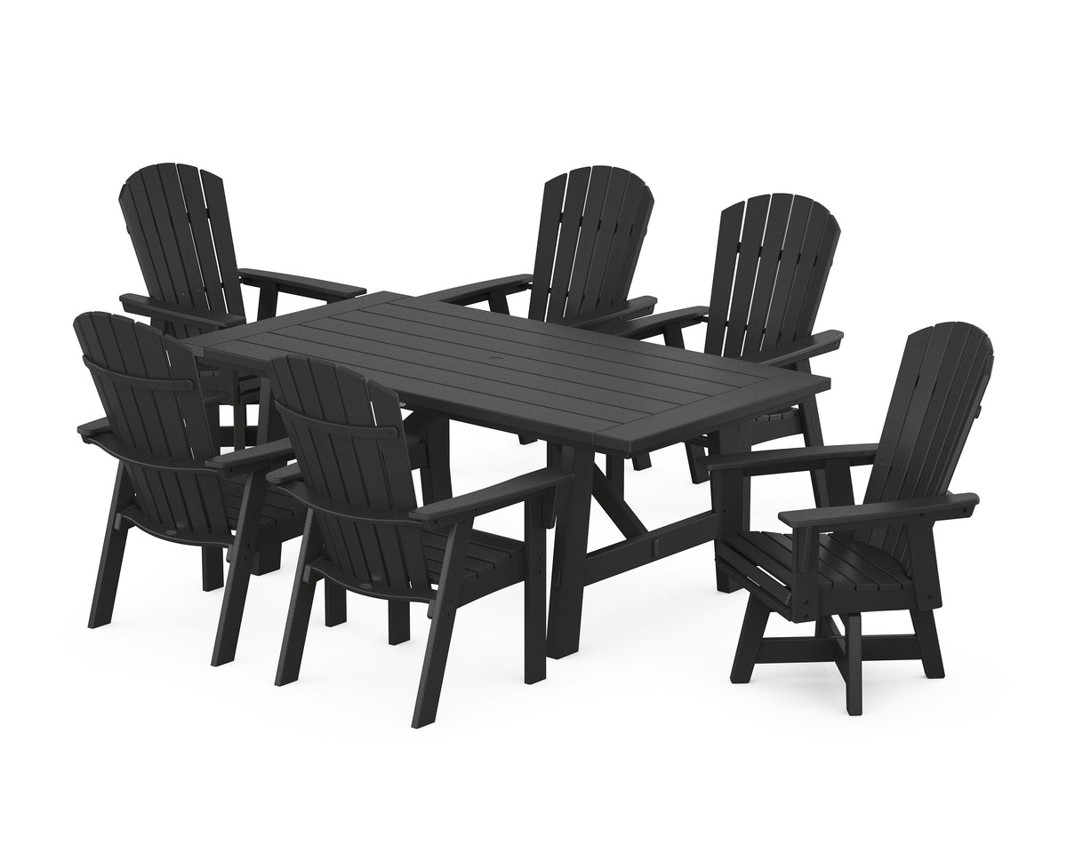 POLYWOOD Nautical Curveback Adirondack Swivel Chair 7-Piece Rustic Farmhouse Dining Set in Black
