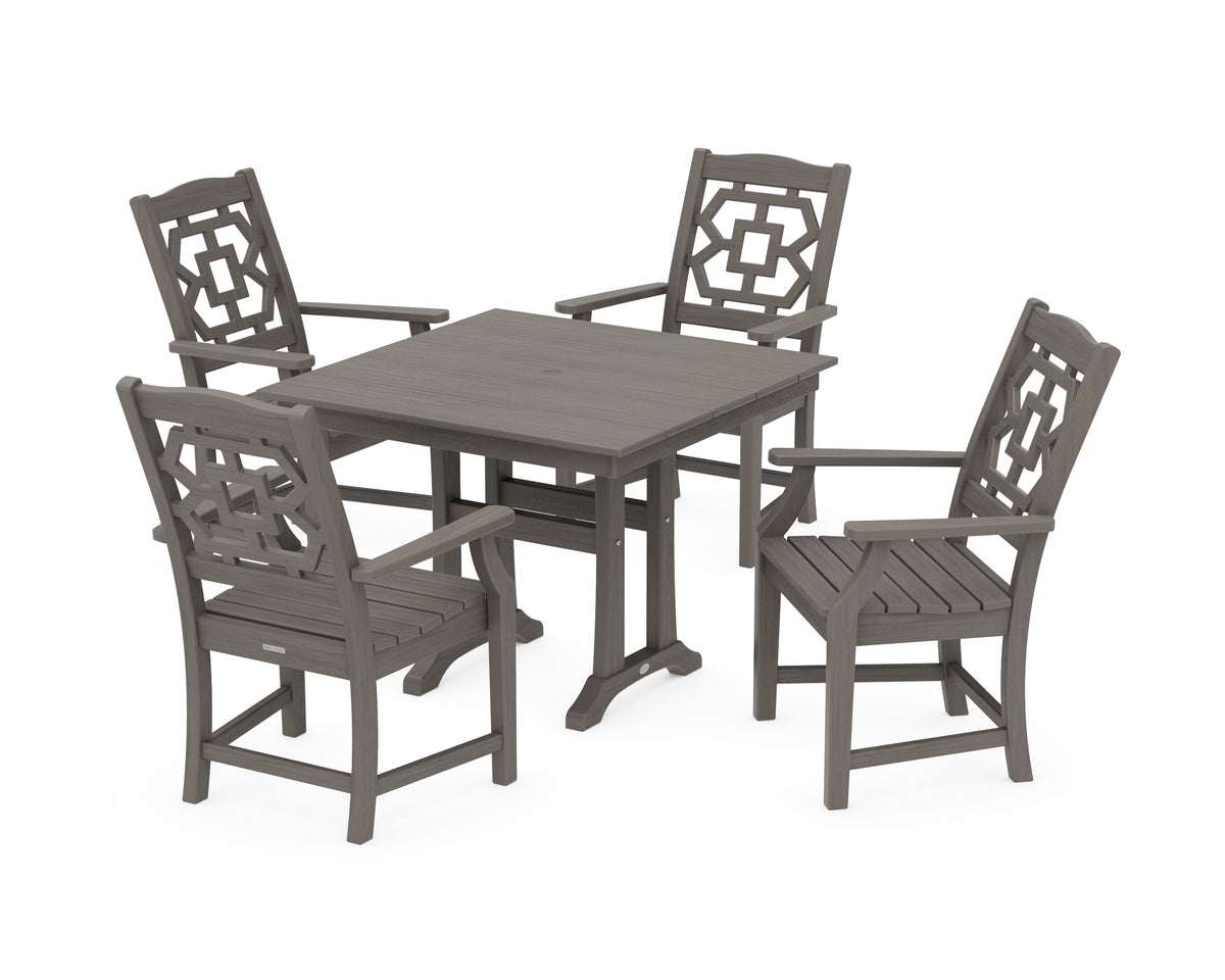 POLYWOOD Chinoiserie 5-Piece Farmhouse Dining Set with Trestle Legs in Driftwood