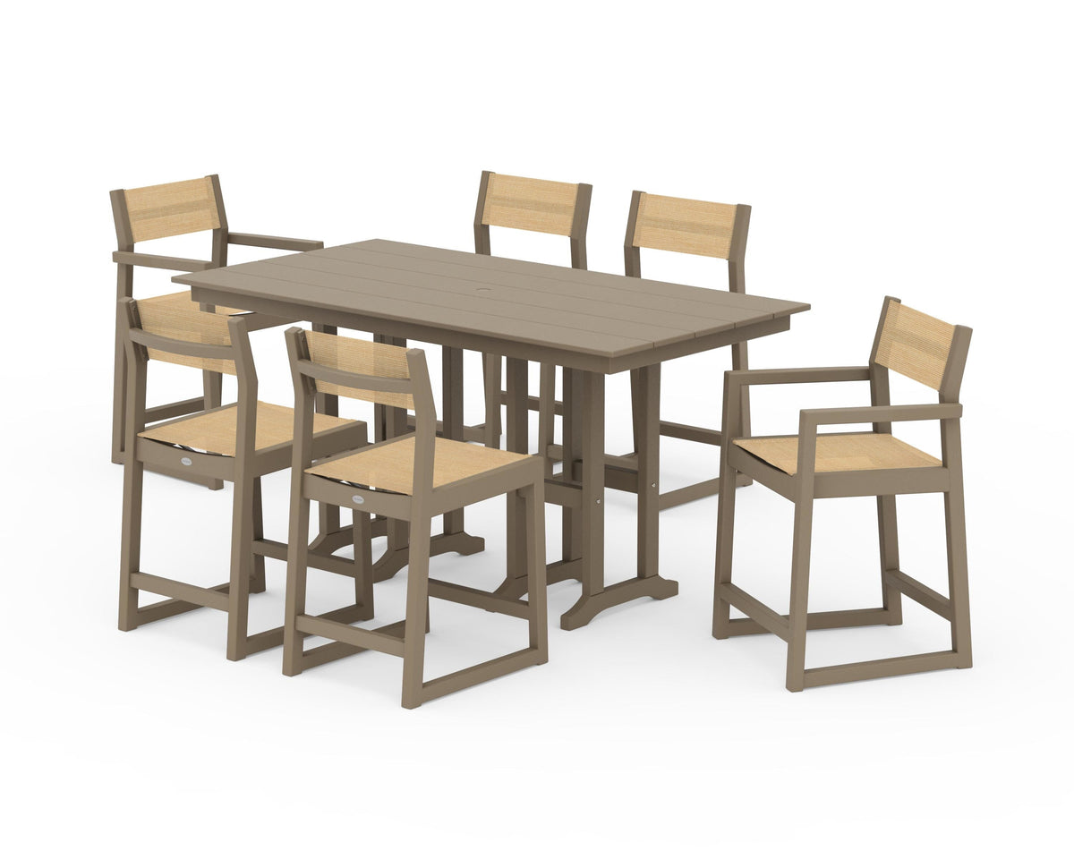 POLYWOOD EDGE Sling 7-Piece Farmhouse Counter Set with Trestle Legs in Vintage Sahara / Dupioni Apricot
