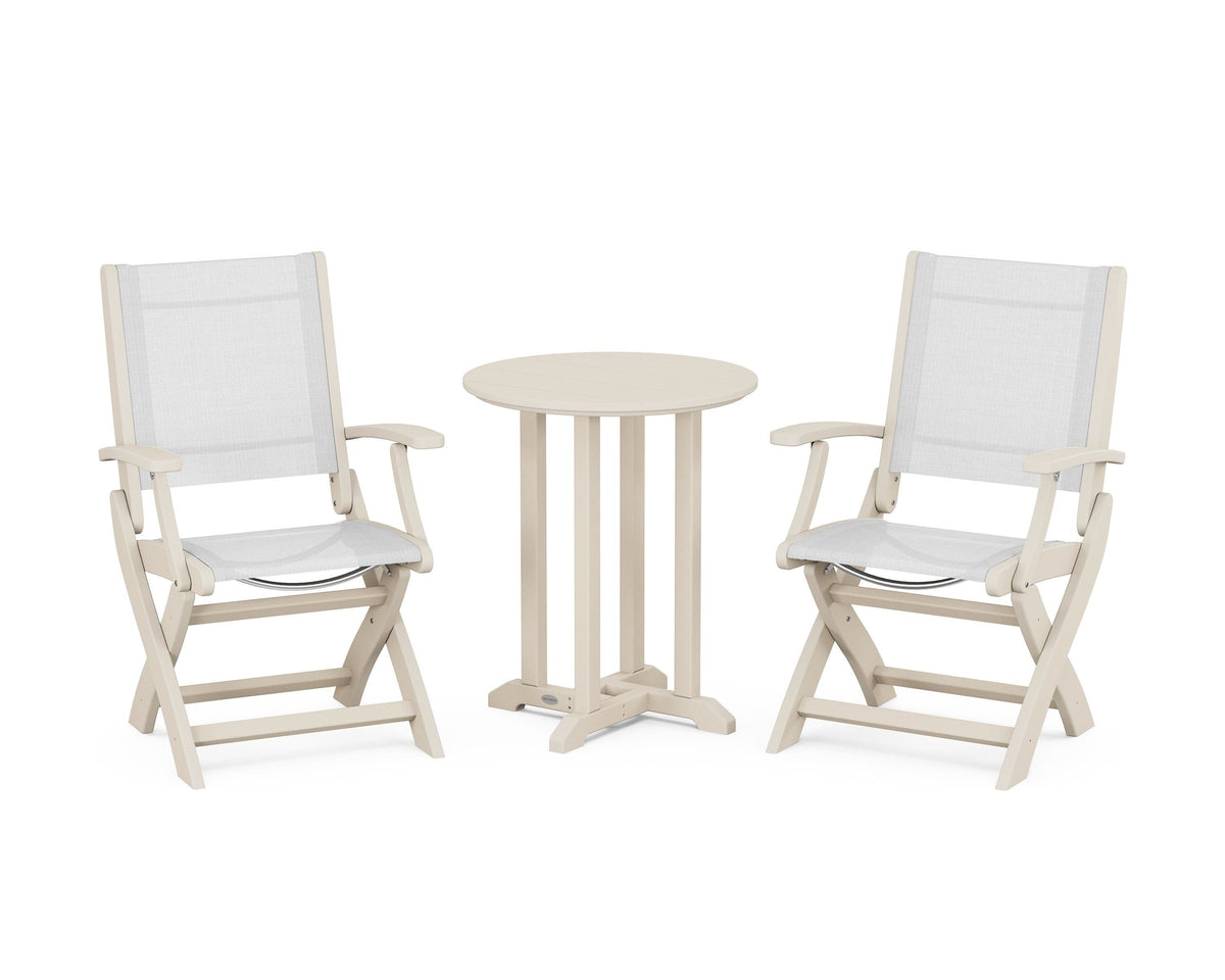 POLYWOOD Coastal Folding 3-Piece Round Bistro Dining Set in Sand / White