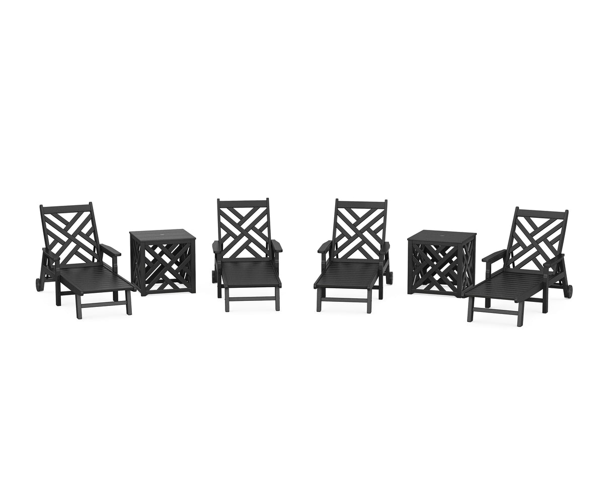 POLYWOOD Chippendale 6-Piece Chaise Set with Umbrella Stand Accent Table in Black