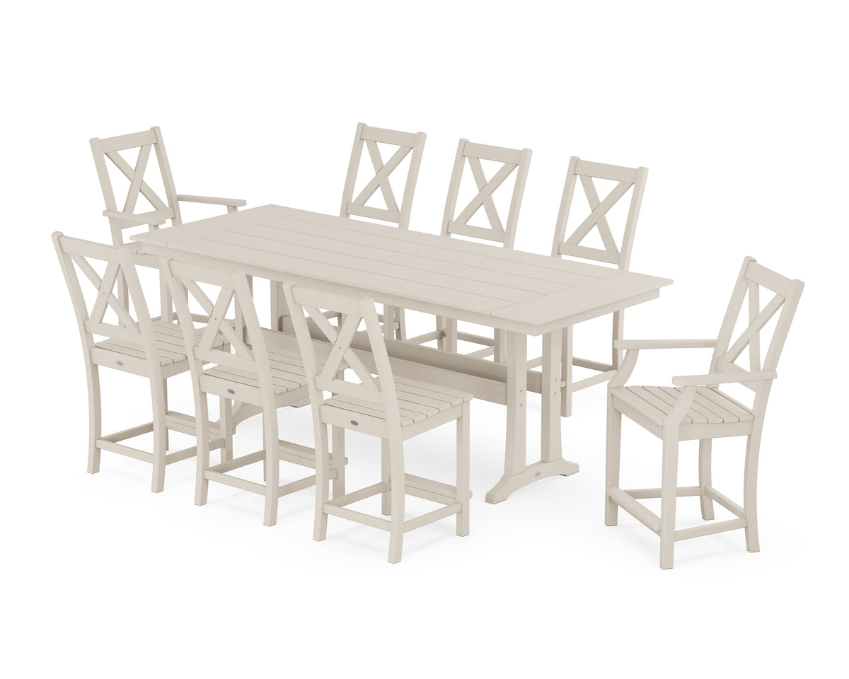 POLYWOOD Braxton 9-Piece Farmhouse Counter Set with Trestle Legs in Sand