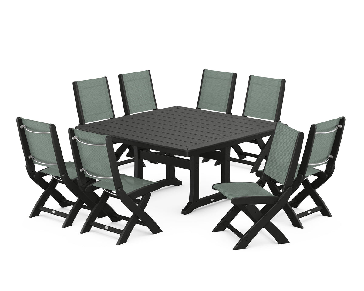 POLYWOOD Coastal Folding Side Chair 9-Piece Dining Set with Trestle Legs in Black / Dupioni Sea Mist