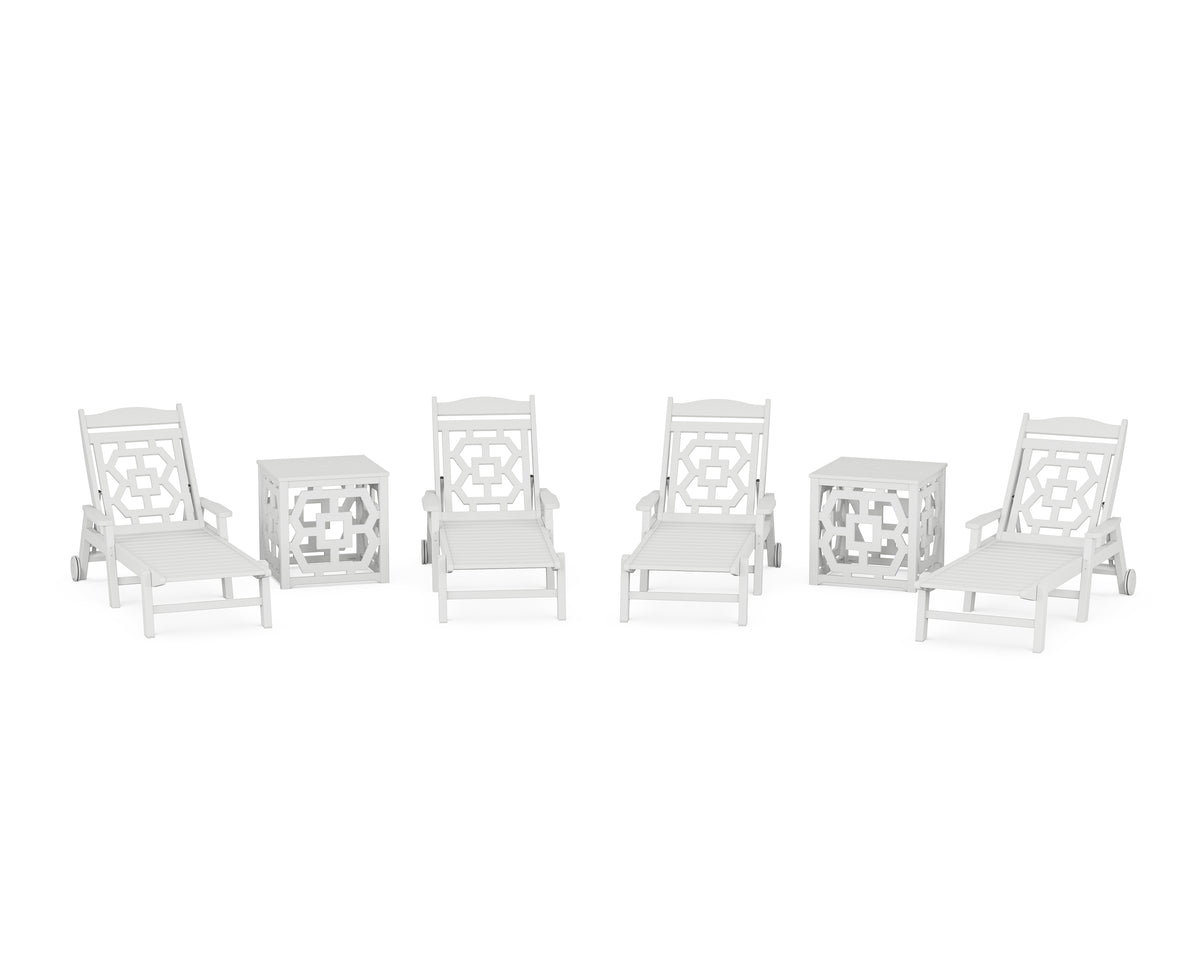 POLYWOOD Chinoiserie 6-Piece Chaise Set with Umbrella Stand Accent Table in White