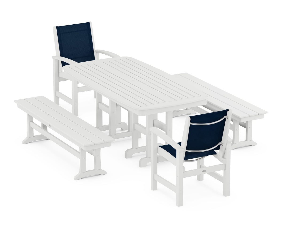 POLYWOOD Coastal 5-Piece Dining Set with Nautical 37" x 72" Dining Table in White / Navy Blue