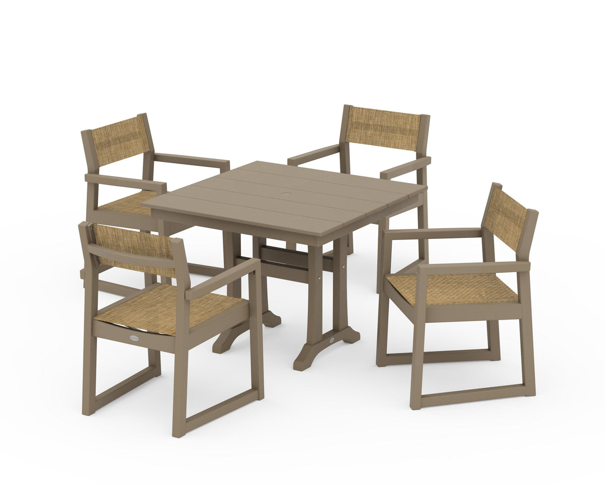 POLYWOOD EDGE Sling 5-Piece Farmhouse Dining Set with Trestle Legs in Vintage Sahara / Burlap