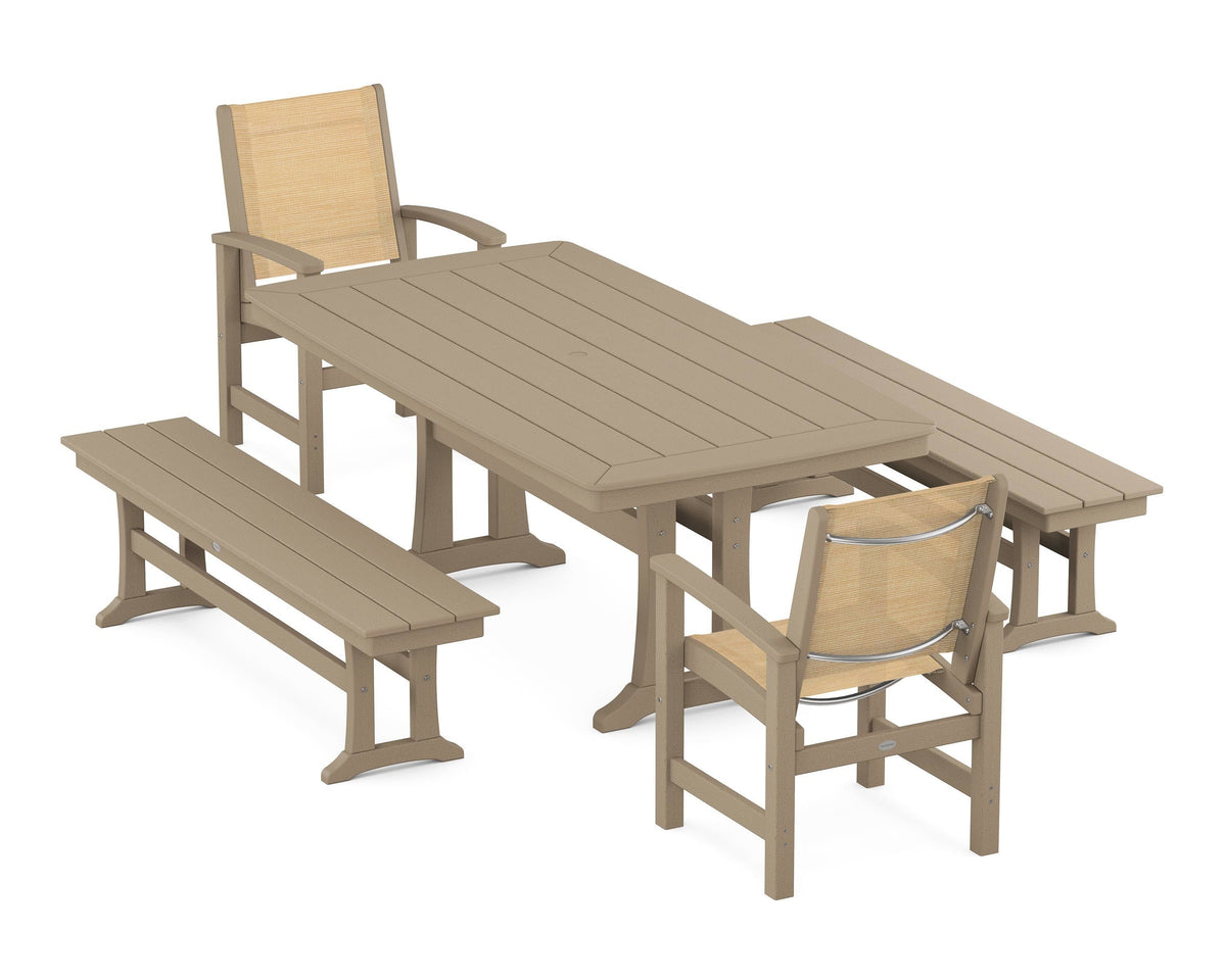 POLYWOOD Coastal 5-Piece Dining Set with Trestle Legs and Benches in Vintage Sahara / Dupioni Apricot