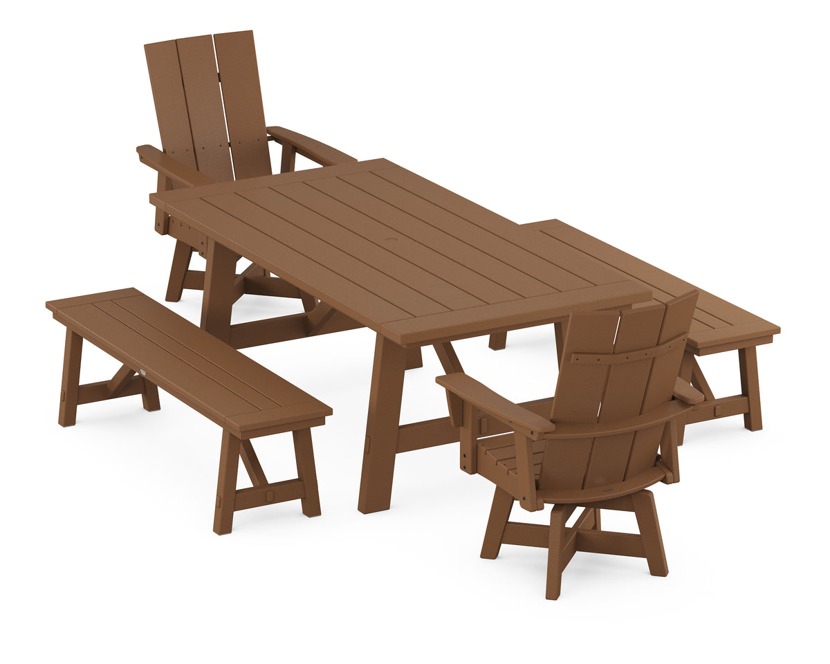 POLYWOOD Modern Curveback Adirondack Swivel Chair 5-Piece Rustic Farmhouse Dining Set with Benches in Teak