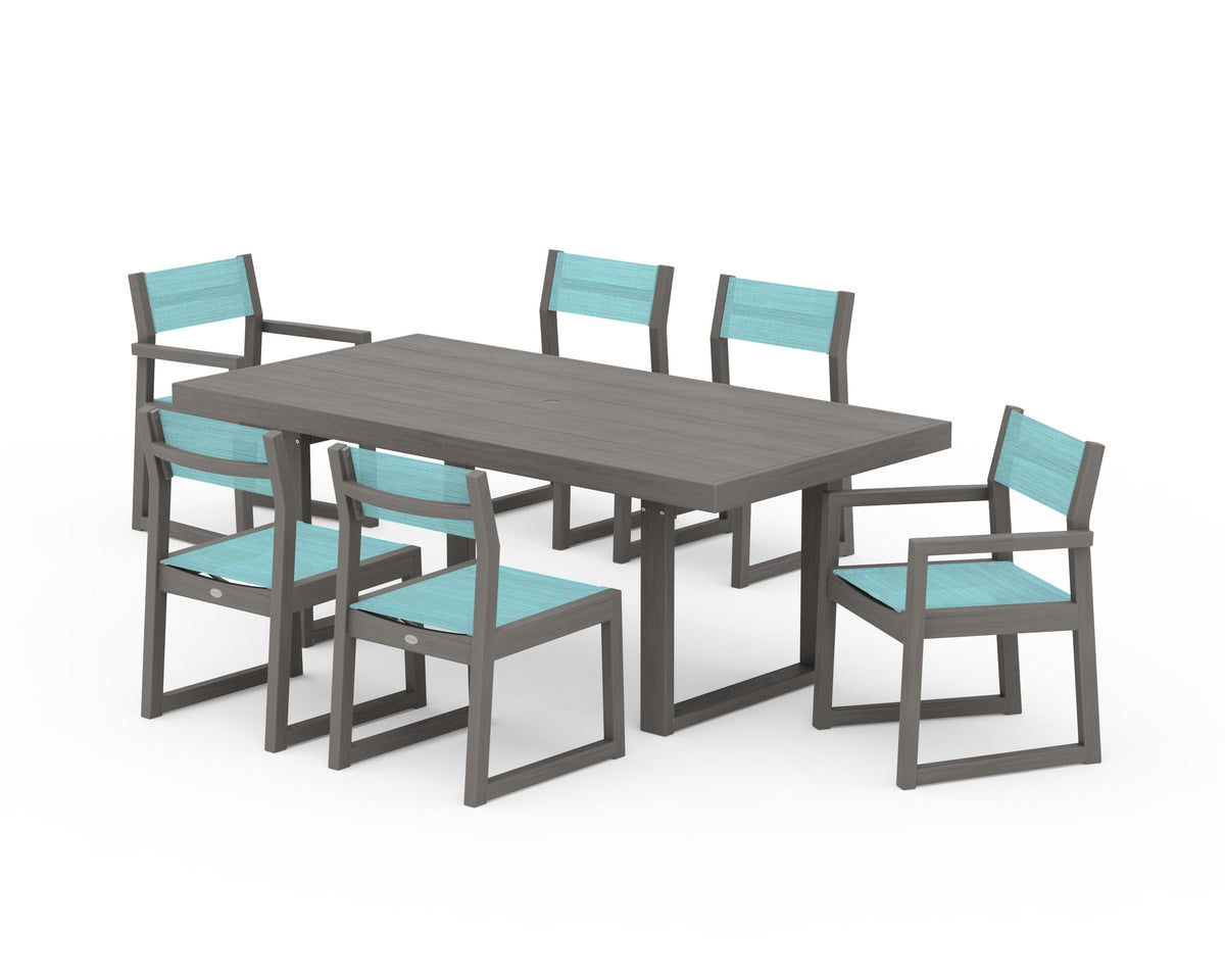 POLYWOOD EDGE Sling 7-Piece Dining Set in Driftwood / Dupioni Aquamarine