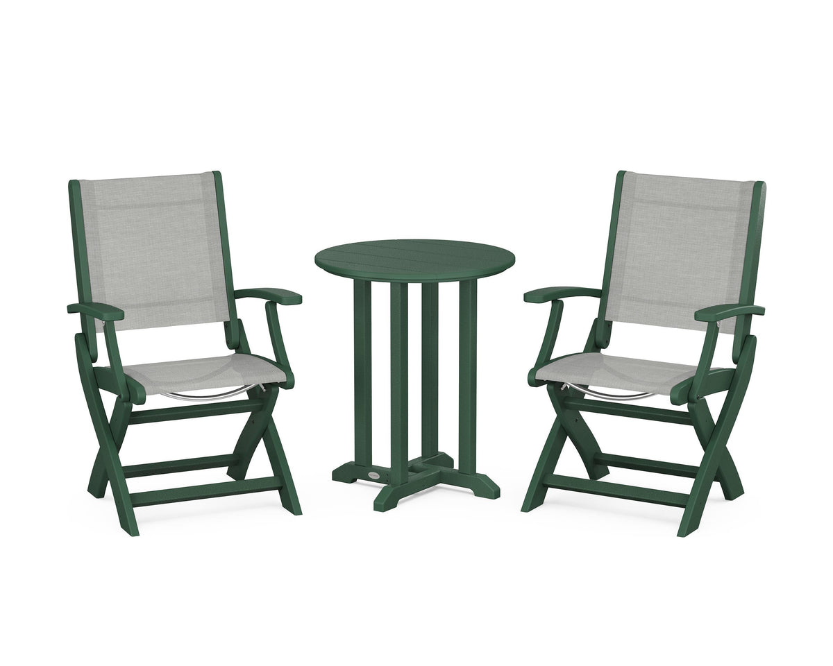POLYWOOD Coastal Folding 3-Piece Round Bistro Dining Set in Green / Metallic