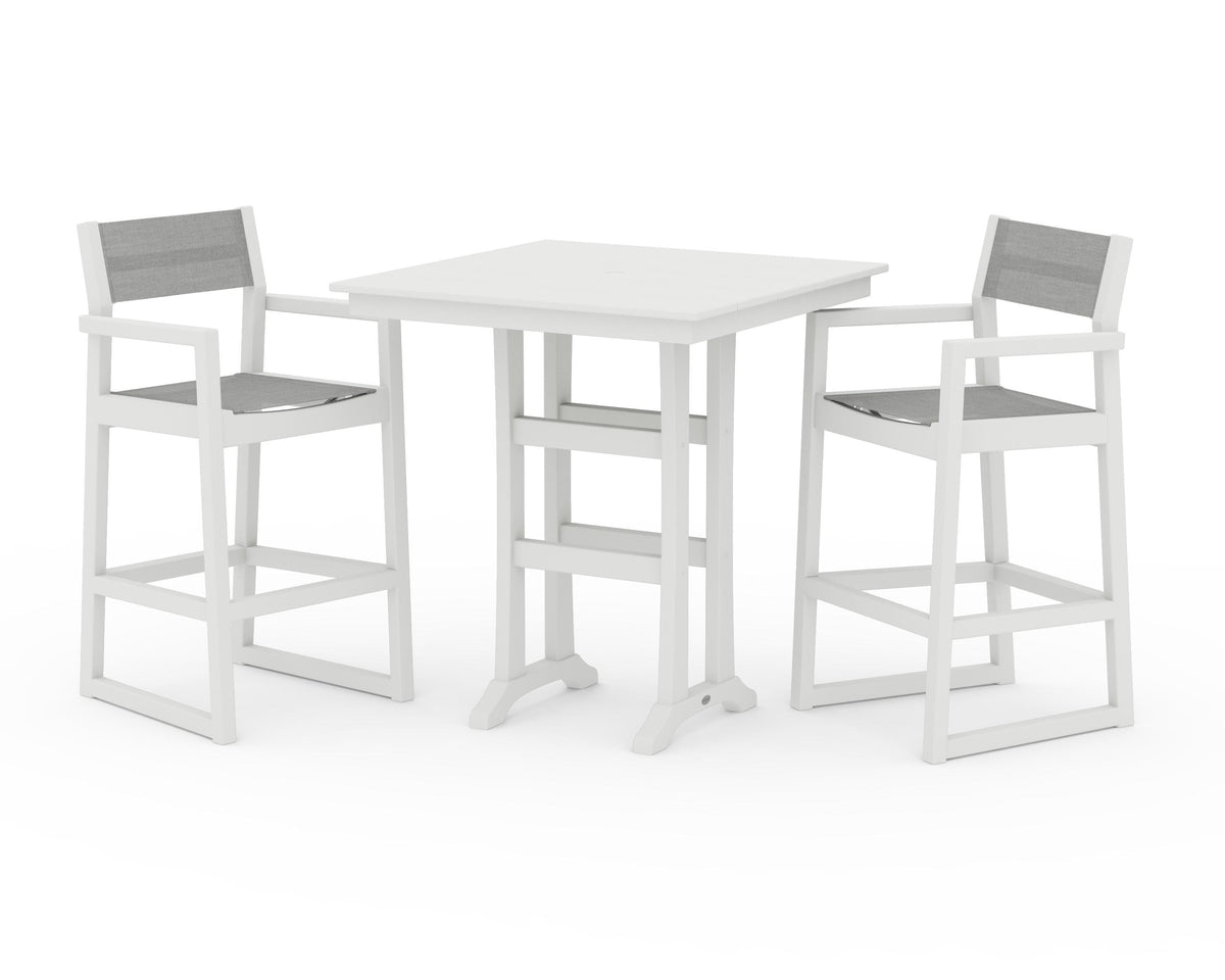 POLYWOOD EDGE Sling Arm Chair 3-Piece Farmhouse Bar Set with Trestle Legs in Vintage White / Metallic