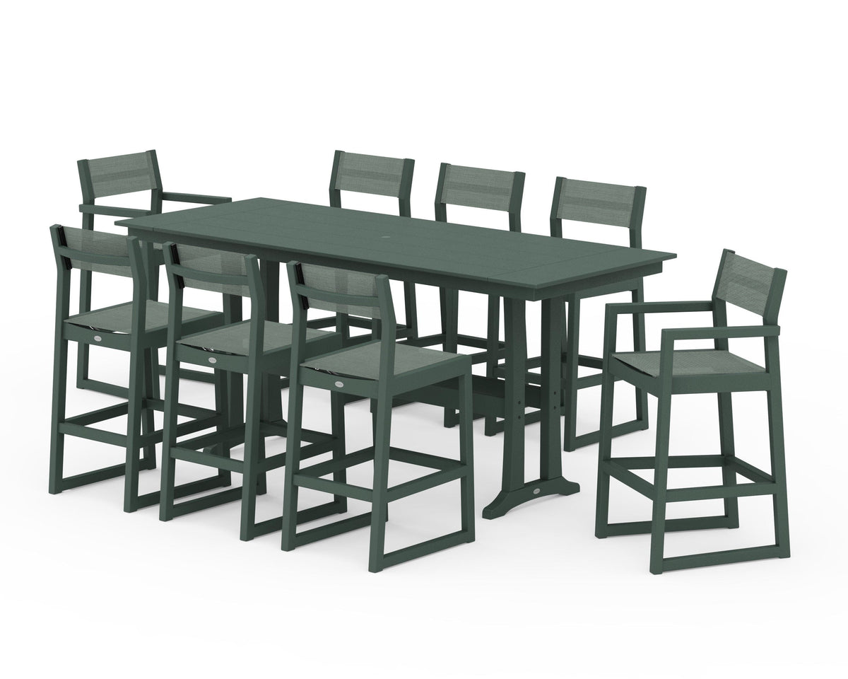 POLYWOOD EDGE Sling 9-Piece Farmhouse Bar Set with Trestle Legs in Green / Dupioni Sea Mist