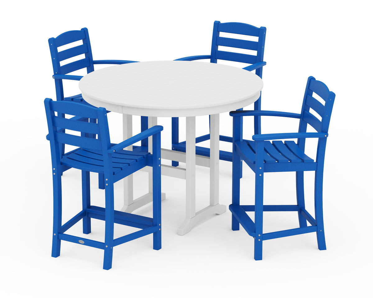 POLYWOOD La Casa Café 5-Piece Round Farmhouse Counter Set in Pacific Blue / White