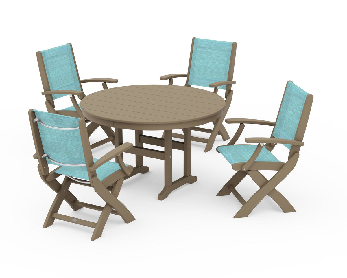POLYWOOD Coastal Folding Chair 5-Piece Round Dining Set in Vintage Sahara / Dupioni Aquamarine