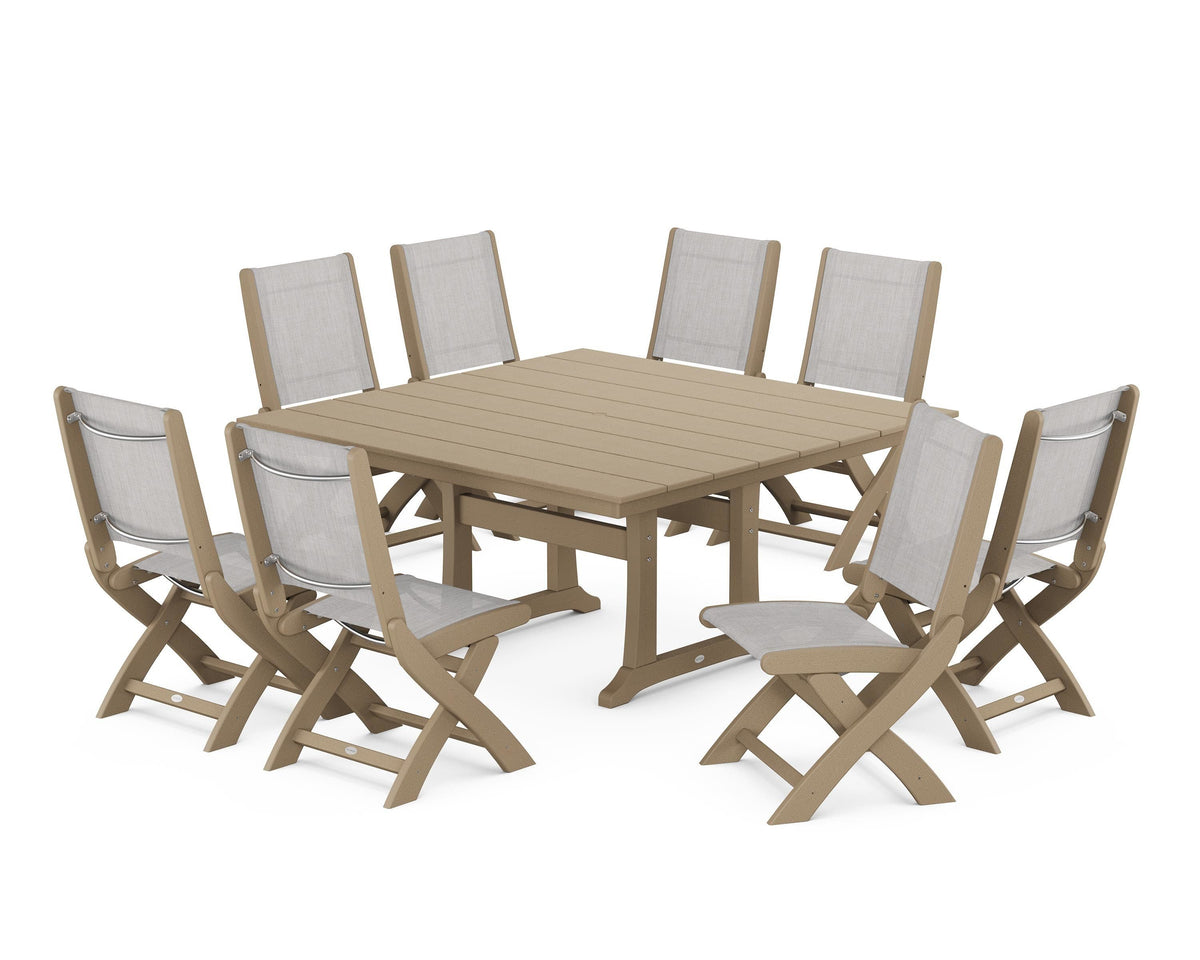 POLYWOOD Coastal Folding Side Chair 9-Piece Farmhouse Dining Set in Vintage Sahara / Parchment