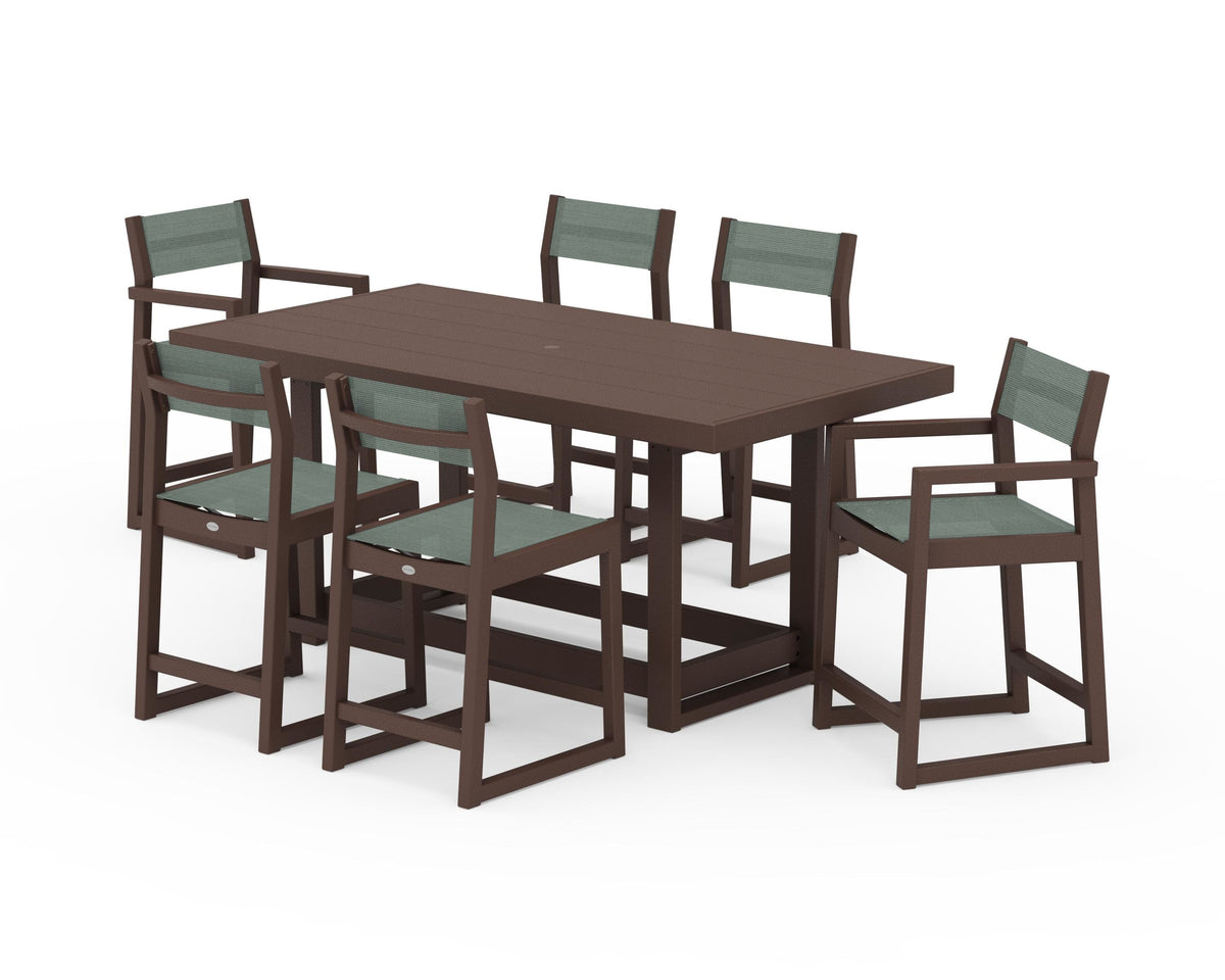 POLYWOOD EDGE Sling 7-Piece Counter Table Set in Mahogany / Dupioni Sea Mist