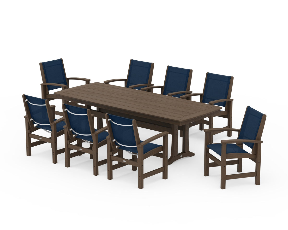 POLYWOOD Coastal 9-Piece Dining Set with Trestle Legs in Kona / Navy Blue